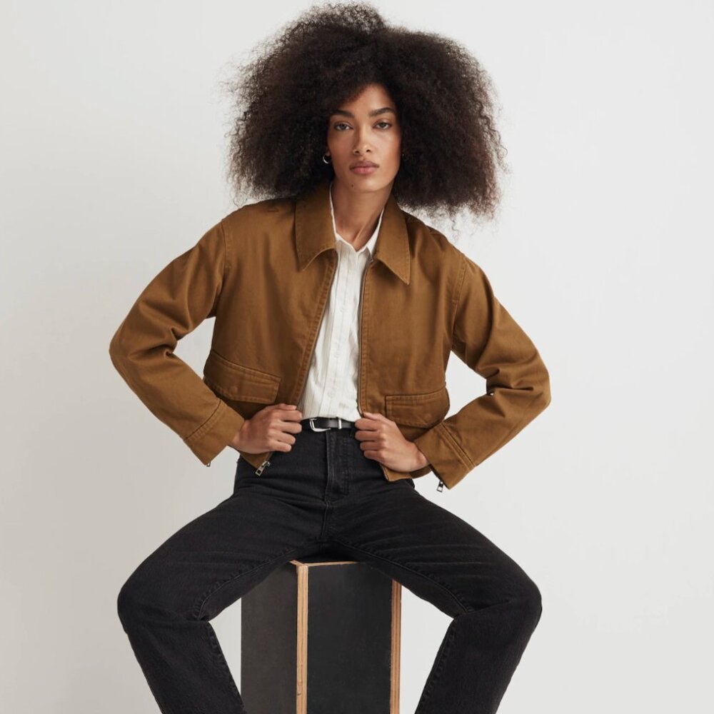 Madewell Cropped Utilitarian Jacket in (Re)generative Chino in Spiced Olive